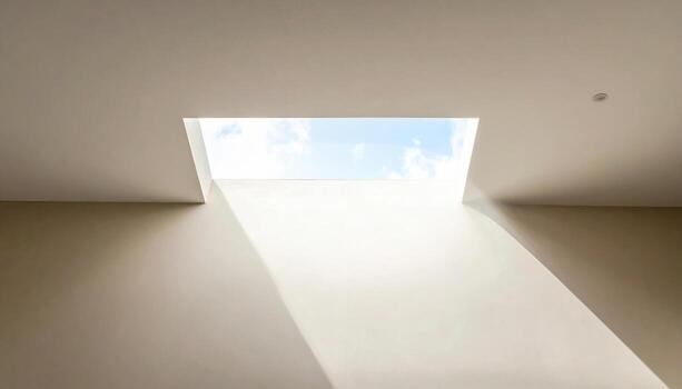 Skylight rectangle casting soft beam on neutral ceiling wallpaper background representing architectural interior suitable for modern clean design photo