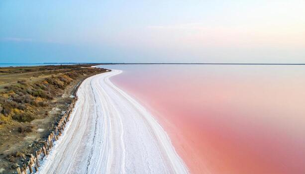 Salt lake shoreline curve pastel gradient water top half empty wallpaper background representing natural seascape suitable for calm design photo