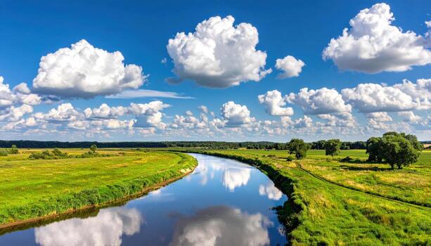 Thin river bend reflecting soft clouds upper frame wallpaper background representing water landscape suitable for calm natural design photo
