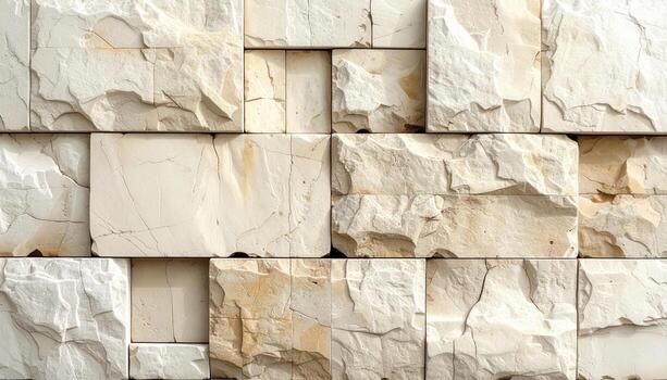 Ashlar limestone block courses tight joints calm beige upper third copy zone wallpaper representing architectural surface suitable for modern neutral design photo