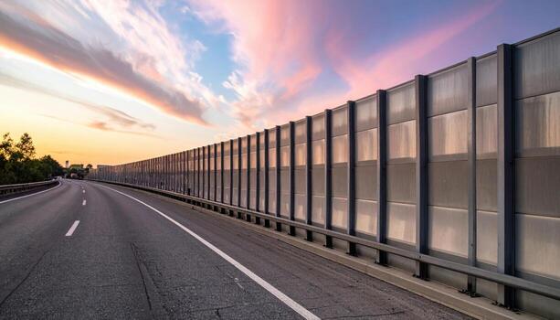 Acoustic barrier panels along highway in rhythm pastel sky strip wallpaper background representing modern infrastructure surface suitable for minimal architectural design photo