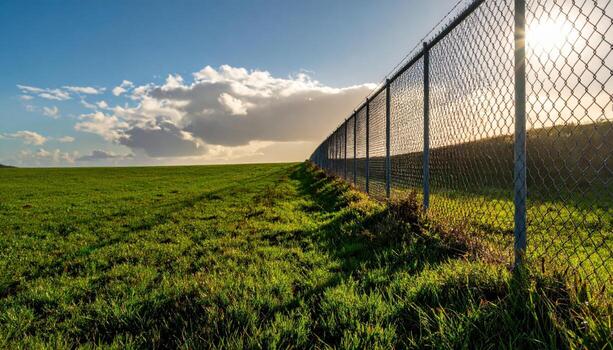 Chain link fence shadow cast on smooth wall calm field wallpaper background representing graphic urban geometry suitable for modern minimal design photo