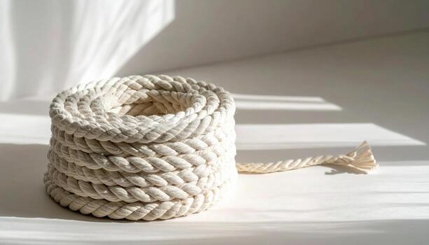 Cotton rope coil on neutral floor with soft shadow generous copy area wallpaper background representing craft material detail suitable for cozy minimal design photo