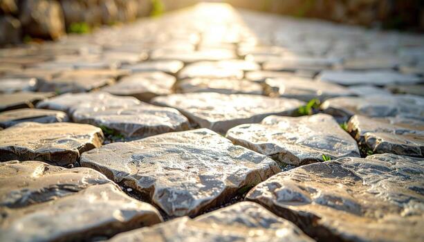 Flagstone crazy paving joints neutral tones gentle vignette wallpaper representing paving pattern texture suitable for urban heritage design photo