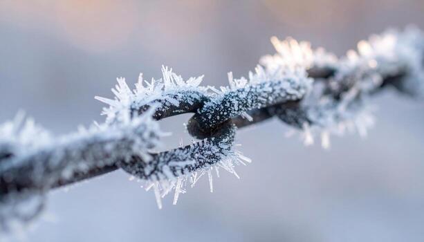 Frost fog crystals on chain link abstract crop quiet neutrals wallpaper representing winter texture pattern suitable for calm minimal design photo