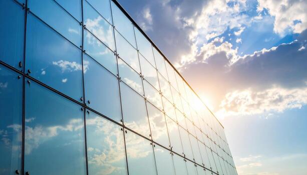 Fritted glass facade dots forming gradient with sky behind wallpaper representing architectural surface pattern suitable for modern clean design photo