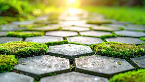 Hex pavers with moss seams earthy pattern clean gradient for text wallpaper background representing garden paving detail suitable for rustic landscape design photo
