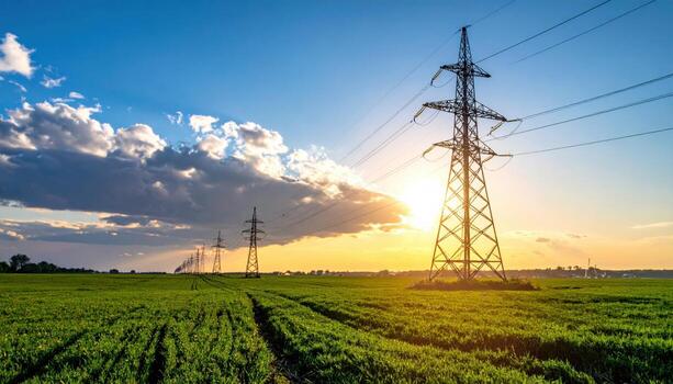 HV power line pylons in careful alignment broad sky field wallpaper background representing energy infrastructure suitable for modern industrial design photo
