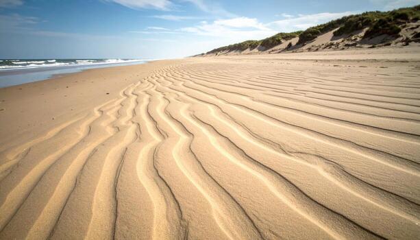 Long stretch sand cusps rhythmic scallops along beach neutral palette wallpaper background representing coastal pattern suitable for natural seascape design photo