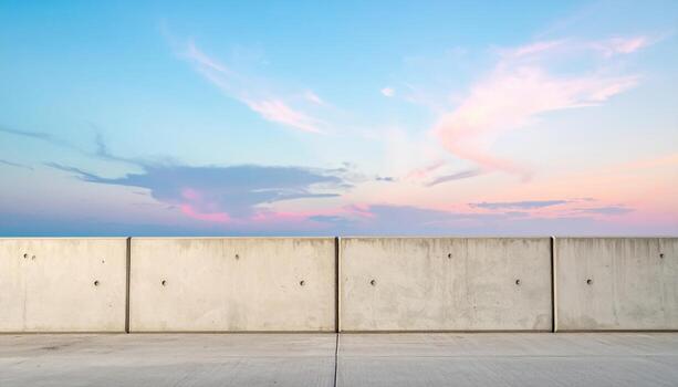 Minimal concrete sound barrier with vertical joints pastel sky copy space wallpaper background representing infrastructure surface suitable for clean architectural design photo