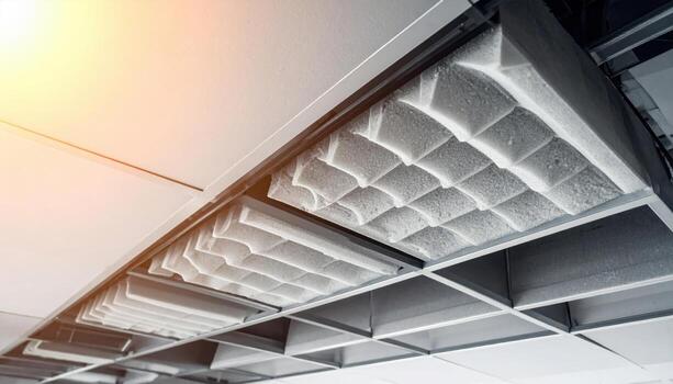 Neutral sound absorbing baffle fins in ceiling grid tonal background wallpaper representing interior acoustic element suitable for modern architecture design photo