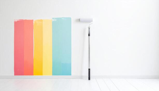 Minimal paint test wall with single rolled pass refined gradient wallpaper background representing interior finish detail suitable for clean editorial design photo