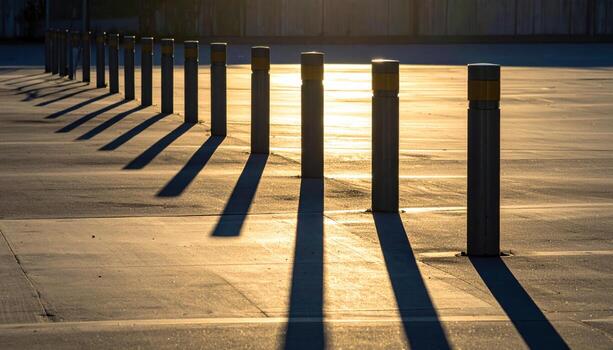Parking bollards casting long morning shadows broad negative ground plane wallpaper background representing urban scene suitable for modern minimal design photo