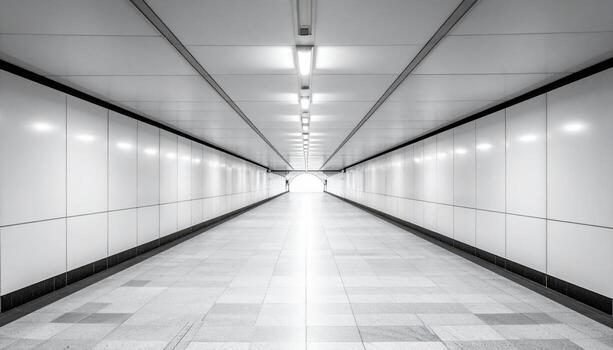 Pedestrian underpass ceiling panels repeating soft light open center wallpaper background representing urban architecture suitable for clean modern design photo