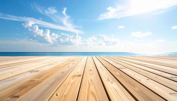 Plain timber pier decking with sun bleached grain airy negative space wallpaper background representing coastal wood surface suitable for rustic natural design photo