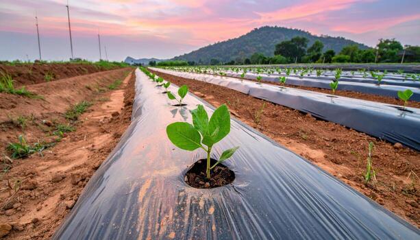 Plastic mulch rows with young seedlings pastel soil palette wallpaper background representing agricultural field pattern suitable for rural farming design photo