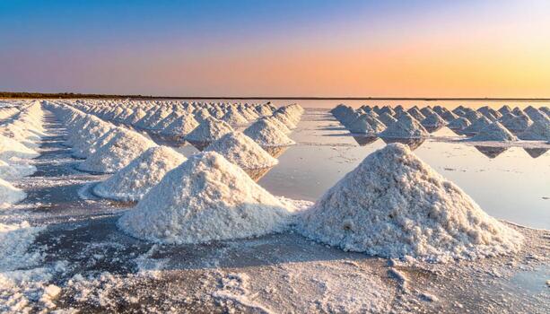 Sea salt crystals raked into rows bone white with open gradient sky wallpaper background representing coastal pattern suitable for clean natural design and packaging mockup photo