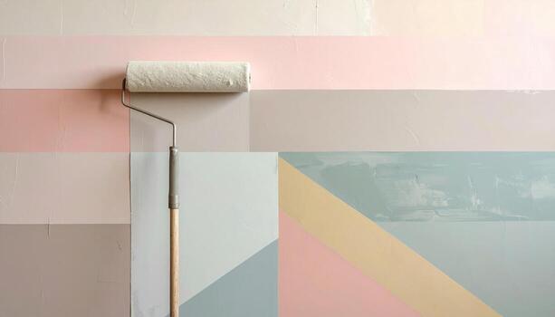 Roller painted wall overlaps forming subtle bands pastel tones banner ready wallpaper background representing interior finish texture suitable for editorial design photo