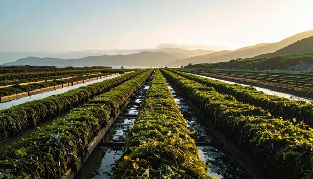 Seaweed drying racks repeating lines earthy olive tones top copy strip wallpaper background representing maritime craft suitable for rustic coastal design and food branding photo