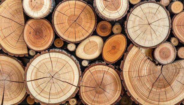 Split firewood radial checks mixed species rustic tones headline band wallpaper background representing timber texture suitable for rustic product and editorial design photo