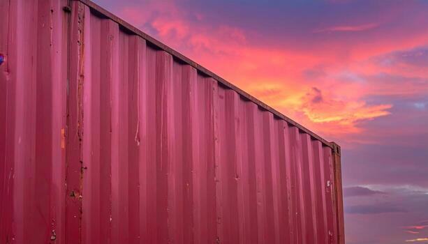 Shipping container side with weathered paint drips slate red copy area wallpaper background representing industrial facade texture suitable for modern urban design and branding photo