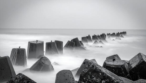 Spray damped breakwater blocks repeating misty gradient headline zone wallpaper background representing coastal defense detail suitable for modern maritime design photo