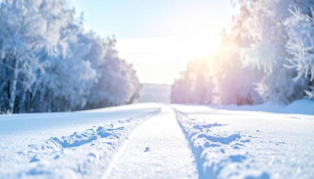 Snow grains sparkling on smooth path airy high key copy band top wallpaper background representing winter texture suitable for clean seasonal design and minimal layouts photo