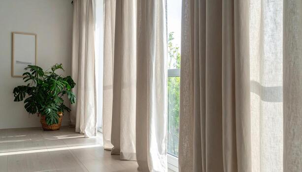 Simple linen blackout curtain sweep gentle vertical rhythm wallpaper background representing textile drapery suitable for interior style and minimal branding design photo