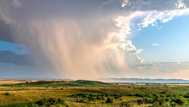 Subtle virga rain curtains over distant plain clean atmosphere wallpaper background representing sky texture suitable for natural scenic and editorial design photo