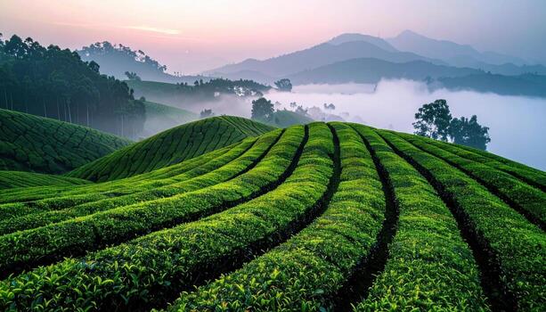 Tea contour hedges flowing across hillside in mist calm gradients wallpaper background representing agricultural pattern suitable for natural landscape design photo