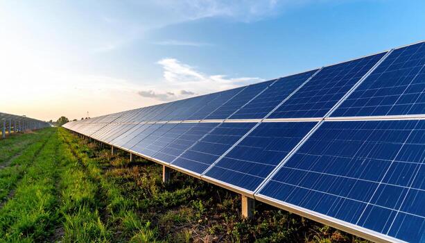 Utility scale photovoltaic rows receding under calm sky wallpaper background representing renewable energy field suitable for modern industrial design photo