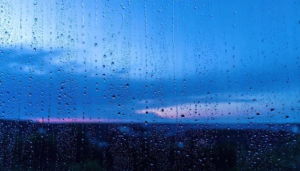 Fine drizzle on window at blue hour uniform dots banner ready wallpaper background representing weathered glass texture suitable for clean urban and editorial design photo