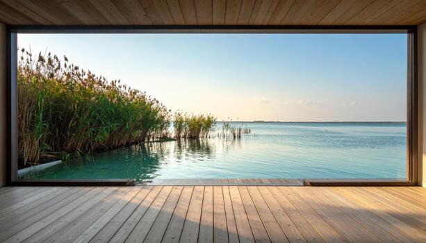 Glassy lagoon interior with reed silhouettes far edge soft top third empty representing serene water scene suitable for natural seascape and editorial design photo