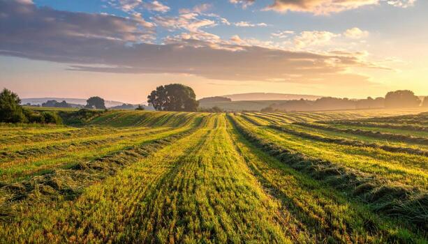 Freshly rolled hay meadow faint parallel bands soft horizon band wallpaper background representing rural field pattern suitable for calm landscape and branding design photo