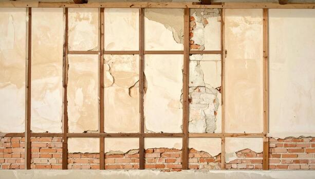 Lath-and-plaster undercoat exposed neatly linear texture warm tone representing traditional wall build suitable for heritage interior and editorial design photo