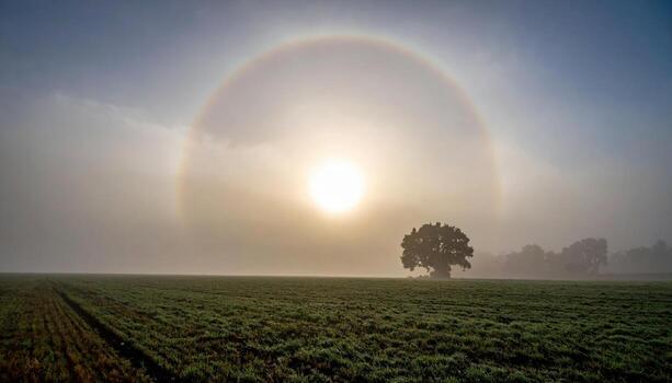 Light mist halo around unseen sun neutral palette simple field representing atmospheric minimal sky suitable for calm editorial and branding design photo