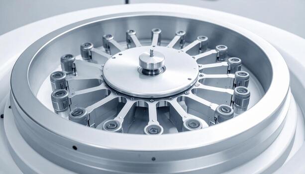 Close up of centrifuge rotor well with balanced tubes clean metal finish representing precise lab hardware suitable for modern industrial design photo