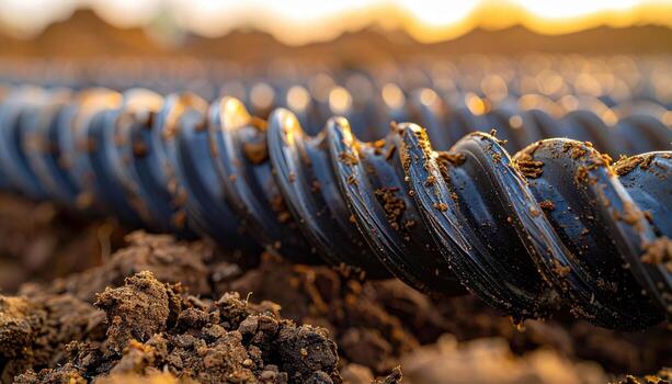 Close up of helical earth anchor threads with compacted soil residue representing geotechnical hardware detail suitable for industrial product design photo