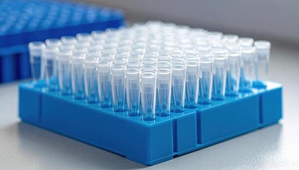 P1000 pipette tip rack peaks with one tip removed tidy geometry representing sterile lab consumables suitable for scientific product and editorial design photo