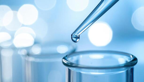 Close up of burette with PTFE stopcock and tip droplet poised sterile backdrop representing clean lab instrument suitable for scientific product design photo