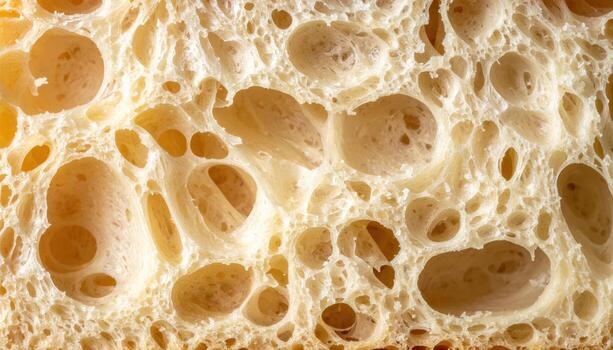 Sourdough crumb alveoli cross section warm bakery tones representing artisan bread texture suitable for food branding and editorial design photo