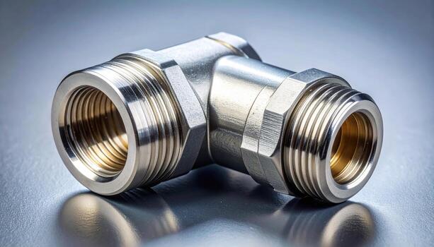 Macro detail of double ferrule compression fitting flare seat and nut stainless finish representing precision hardware suitable for industrial and lab product design photo