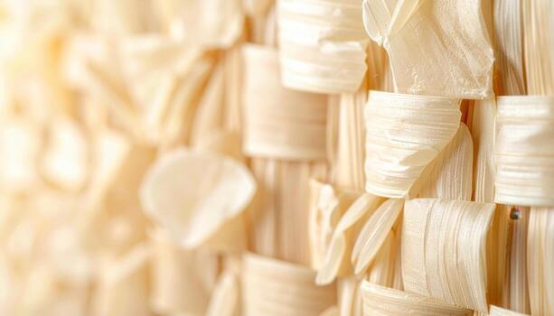 Macro detail of rice straw binder panel edge flecks warm beige minimal backdrop representing eco composite surface suitable for clean product and interior design photo