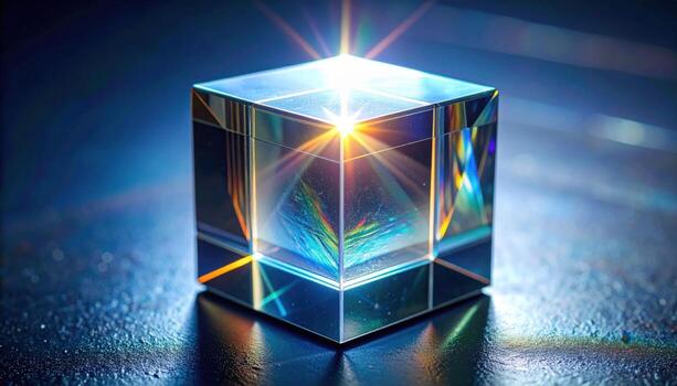 Macro detail of optical beam splitter cube edges and internal reflection controlled flare representing photonics component suitable for clean scientific product design photo