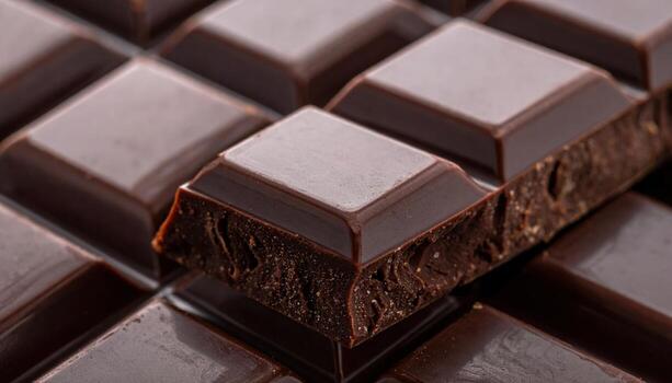 Macro of dark chocolate cocoa butter bloom crystalline sheen artisan slab representing confection surface detail suitable for food packaging and editorial design photo