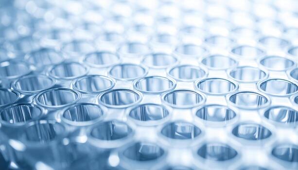 Microplate well pattern ninety six format oblique view subtle reflections representing sterile lab consumables suitable for scientific product design photo