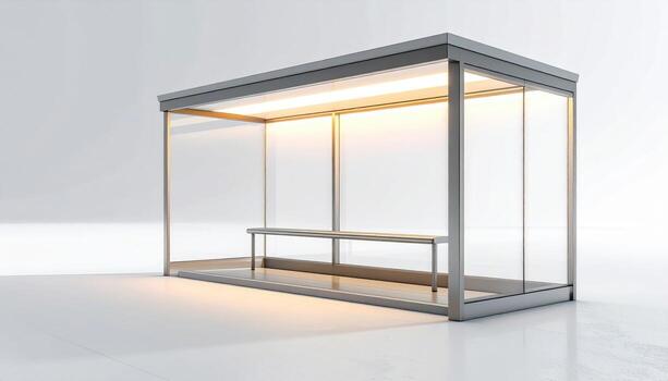 Minimal bus shelter translucent panel glowing against neutral background representing urban light study suitable for modern editorial and branding design photo