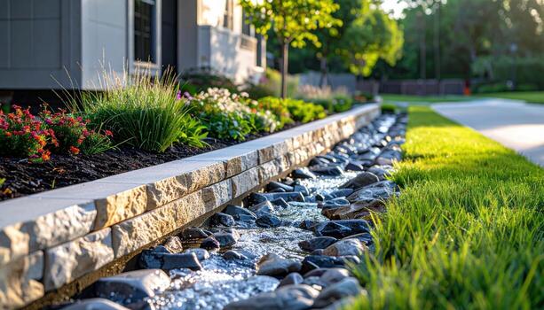 Rain garden overflow curb cut with rock armor soft shade civic context representing stormwater feature suitable for environmental editorial and urban design photo