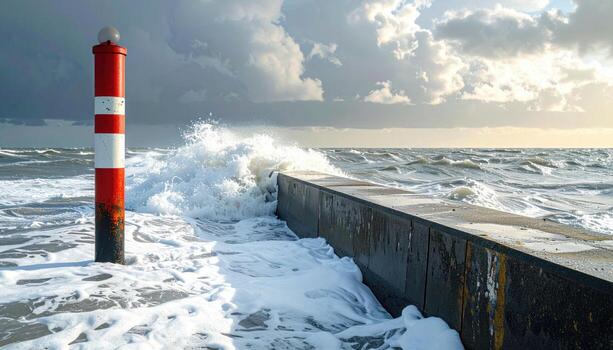 Storm surge height marker post by a seawall clean composition representing coastal safety reference suitable for infrastructure editorial and signage design photo