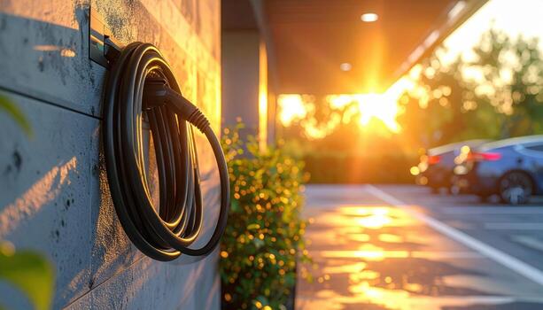 EV charging cable coiled on wall mount in a carport evening ambient light representing home charging scene suitable for clean tech and editorial design photo